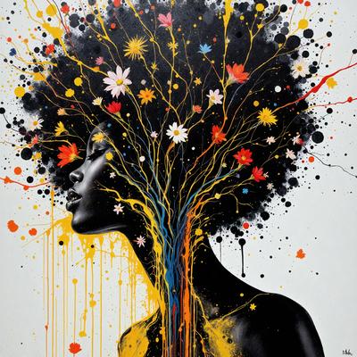 The primary subject of the image is a woman with a large afro, painted in a vibrant and colorful style. The setting is a black and white background, which contrasts with the woman's colorful hair. The visual style is a combination of digital art and illustration, creating a unique and eye-catching portrait. The colors and mood of the image are lively and energetic, with the woman's hair being the main focal point and source of visual interest.